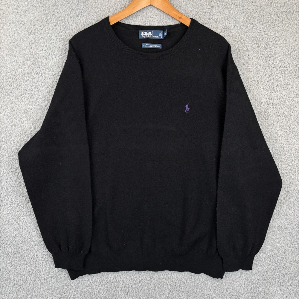 Polo Ralph Lauren Sweater Mens 2XB Big Black Merino Wool Pullover Crew Neck Pony